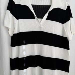 Chico's Black Label Black and White Striped Short Sleeve Split Neck Sweater